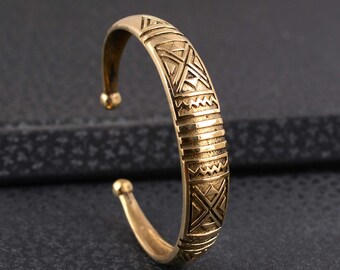 Ethnic Brass Bangle Bracelet, Adjustable Unisex Design