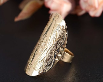 Handcrafted Brass Boho Statement Ring, Adjustable