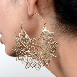 Mandala Earrings,Tribal Earrings, Brass Earrings, Hoop Earrings, Big Round Earrings,Flower Earrings, Boho Mandala Lotus Flower Hoop Earrings