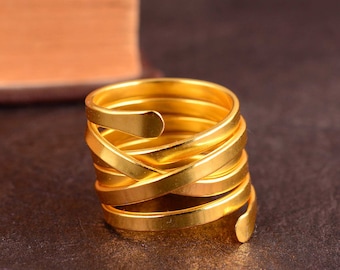 Handmade Gold Spiral Wrap Ring - Adjustable Multi Layer Stacked Band - Gift For Her