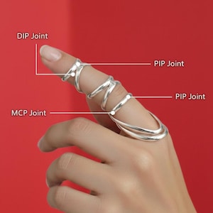 Peut inclure: Une bague de doigt argentée au design unique, portée sur une main sur fond rouge. La bague entoure le doigt, avec plusieurs bandes et éléments décoratifs. L'image étiquette également les articulations des doigts.