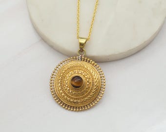 Handmade Brass Filigree Tiger’s Eye Pendant Necklace – Boho Ethnic Jewelry