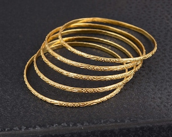 Gold Bangle Bracelet Set, Vintage Style Etched Bangles, Stackable Jewelry