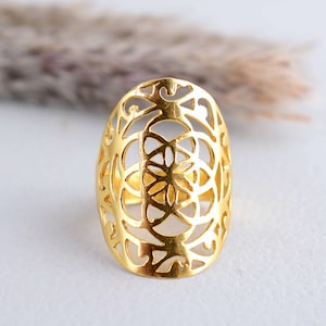 Brass Flower of Life Ring / Sacred Geometry Ring / Gold Flower of Life Ring / Spiritual Mandala Tribal Boho Jewelry / Gold Yoga Ring
