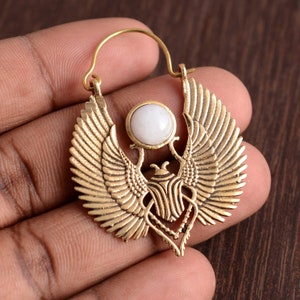 Scarab earrings, Scarab stone earrings, White Moonstone , Gold scarab, Animal earrings, Egypstian design, Sacred scarab