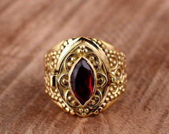 Handcrafted Garnet Brass Poison Ring, Boho Gothic Secret Jewelry