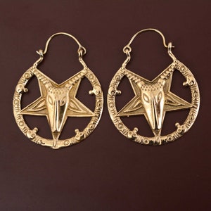 Baphomet Satanic Goat Head Inverted Pentagram Gold Finish hoop Earrings