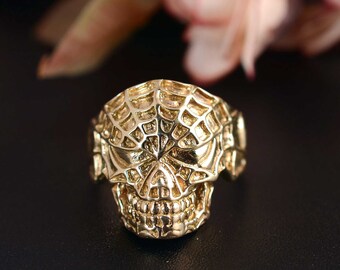 Anillo de esqueleto gótico - Anillo de calavera de latón - Hecho a mano / Motociclista / Dorado / Fantasma