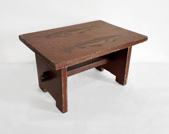 Vintage Wooden footrest bench with a Painting of a Codfish - Wooden Footstool - Plant stand - Small Bench *TPS(GST) and US duties included*