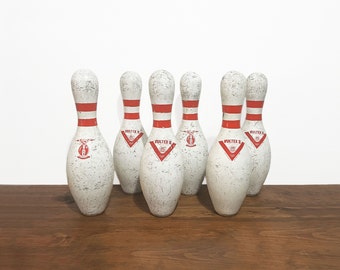 Lot de 6 quilles de bowling réglementaires Vultex II vintage - salle de jeux - décoration homme des cavernes - décoration de bowling