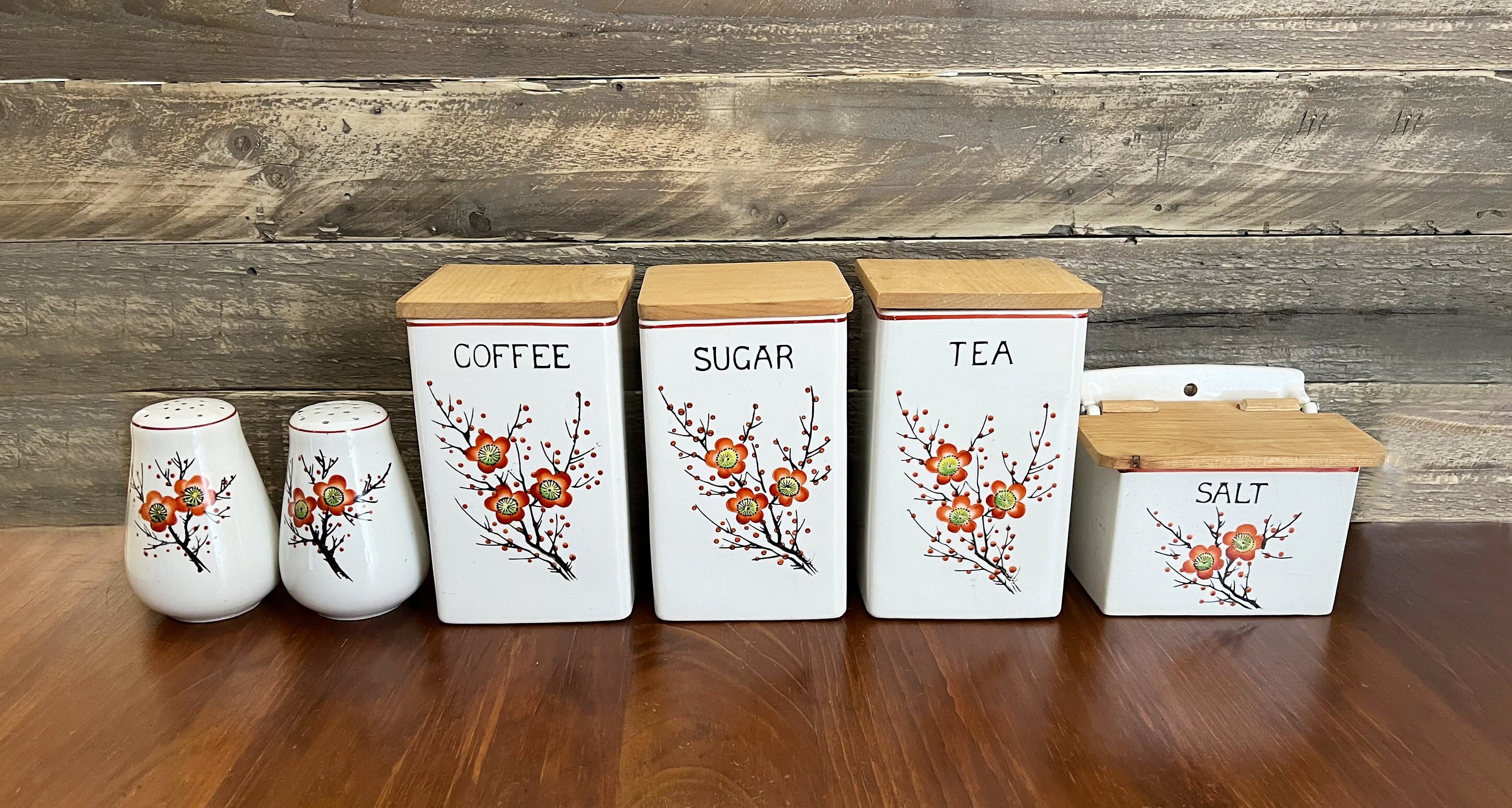 Vintage SGK Moriyama Occupied Japan Canister Set With Orange Cherry Blossom Pattern Salt Box