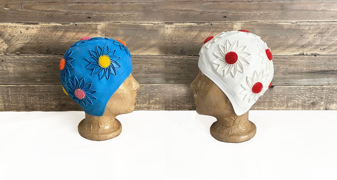 Vintage Swim Cap Vintage Blue or White Swim Cap With Flowers Vintage