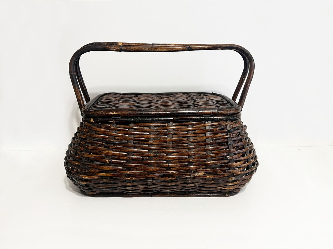 Vintage Rattan Picnic Basket Large Basket Wicker Basket Gathering Basket Woven Basket Harvest