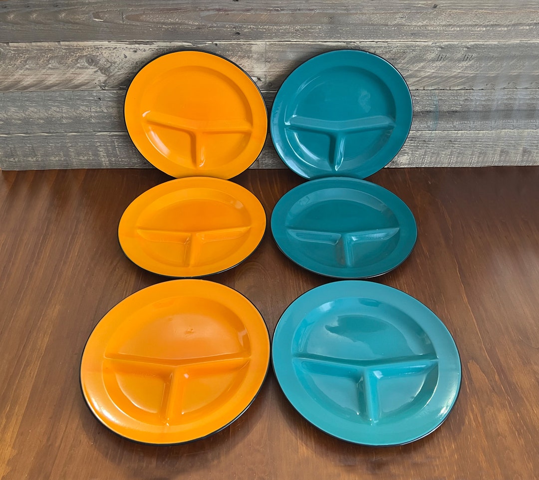 Set of 6 Vintage Enamelware Divided Plate Enamelware Grill Plates Set of 6 Camping Picnic Plates