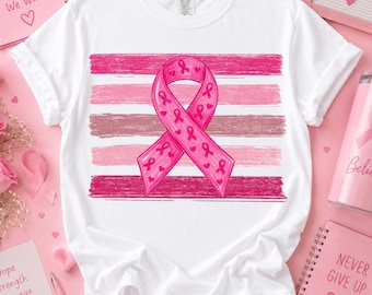 Pink Ribbon Stripes Png, Brushstroke Breast Cancer Shirt Png, In October We Wear Pink Png, Breast Cancer Awareness Png, Cancer Support Png