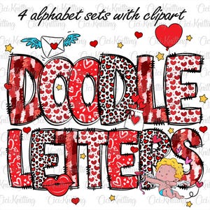 Lot de 4 lettres Doodle alpha de la Saint-Valentin, Png coeur Saint-Valentin, alphabet ABC coeur Saint-Valentin, Png coeur Saint-Valentin, Clipart Saint-Valentin Set Design Png