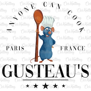 Puede incluir: Una rata de dibujos animados azul con un gorro de chef sostiene una cuchara de madera. La rata está de pie frente al texto "Anyone can cook" y "Gusteau's" con cuatro estrellas debajo del texto. El texto "Paris" y "France" también es visible en la imagen.