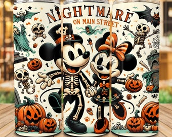 Mouse Halloween 20oz Skinny Tumbler Png, Couple Halloween Skeleton Coffee Tumbler, Horror Halloween 20oz Tumbler Wrap, Bats Pumpkin Skeleton