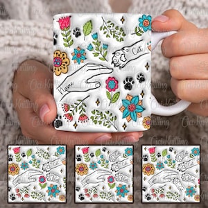 Personalized 3D Inflated Effect Cat Mom Mug Design, Mother&#39;s Day Floral Mug, Holding Mom&#39;s Hand, Mama Flower Coffee Mug, Cat Lover 11oz Mug