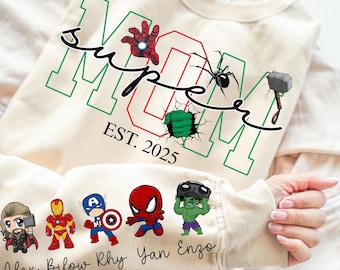 Custom Hero Mom Shirt png, Mom Est with Kid Name on Sleeve Png, Personalized Mom Png, Mother's Day Png,Custom Mothers Day Gift, New Mom Png