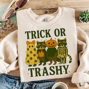 Trick or Trashy Png, Funny Feral Halloween Png, Raccoon Halloween Png, Raccoon Ghost Png, Retro Halloween Png, Pumpkin Png, Feral Halloween