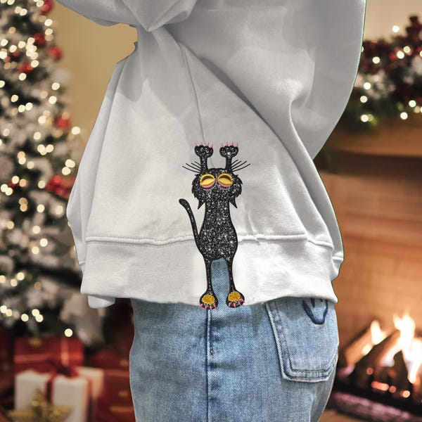 Schwarze Katze Seite Sweatshirt Applikation Design, schwarze Katze Stickdatei, Katze Stickmuster, Tiere Applikation Stickerei Waldtiere