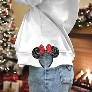 Diseño de bordado a máquina de Navidad, bordado de ratón con lazo lateral con purpurina, bordado de sudadera con aplique de ratón, diseño de bordado de Navidad