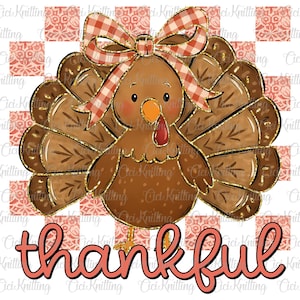 May include: A cartoon turkey illustration with a red and white gingham bow, brown feathers, and the word "thankful" in coral script. The background features a red and white checkered pattern with floral accents. Thanksgiving theme.