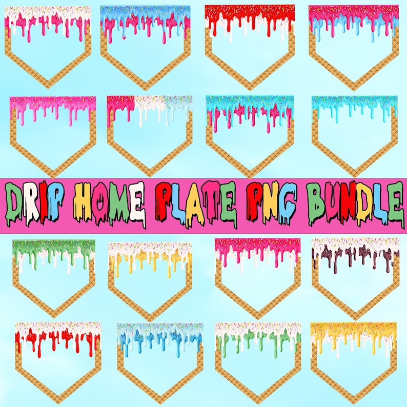 May include: A set of 12 digital clipart images of home plate with dripping icing in various colors. The icing is decorated with sprinkles. The home plate is a waffle pattern.  The images are in PNG format.