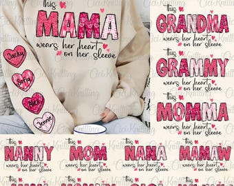 Personalized This Mama Wears Her Heart On Her Sleeve Png, Valentine's Day Png,Custom Valentine,Mama Cupid Coquette Bow,Brushstroke Valentine