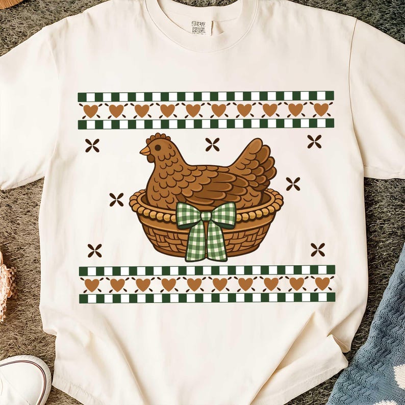 May include: Cream-coloured t-shirt featuring a brown hen in a woven basket with a green gingham bow. The design includes green and white chequered bands with brown hearts and black X's. A charming and whimsical design.