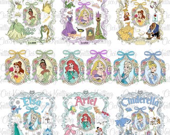 Bundle Watercolor Princess Coquette Bow Png, Princess Family Shirt,Cartoon Coquette Bow, Family Vacation Png, Pink Ribbon Sublimation Design