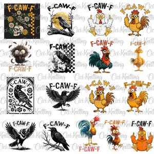 Puede incluir: Una colección de diseños gráficos variados con cuervos, gallinas y búhos. Algunos diseños incluyen el texto "F-CAW-F". Las imágenes son en blanco y negro, con algunos acentos de color y fondos florales o de cuadros.