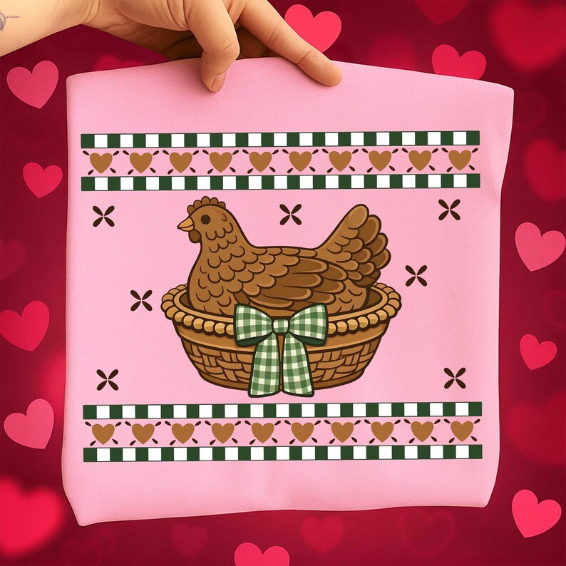 May include: A pink tote bag with a brown hen in a woven basket, adorned with a green and white checkered bow. The design includes brown hearts, green and white stripes, and black cross accents. The bag is held by a hand.