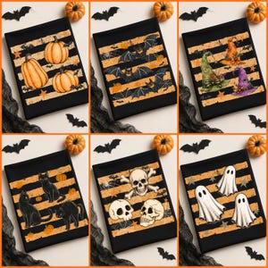 May include: A collection of six black rectangular fabric panels featuring horizontal orange distressed stripes. Designs include orange pumpkins, black bats with spiderwebs, colorful witch hats, black cats, human skulls, and white ghosts.