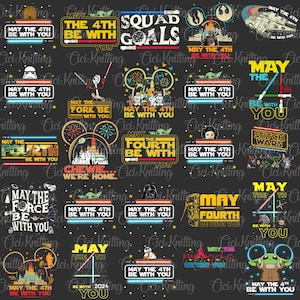 May include: A black and white digital print fabric featuring various Star Wars and Disney characters and text. The text includes "May the 4th be with you", "May the Force be with you", "Squad Goals", "Chewie... We're Home", "May the Fourth be with you", "Stitch Wars", and "May the 4th be with you 2024".