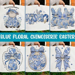 Blue Floral Chinoiserie Easter Png Bundle, Grand Millennial Easter Png, Cottagecore Patchwork, Easter Bow Png, Faux Pearl, Jesus Easter Png