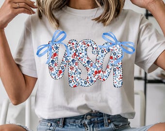 Floral Coquette USA Png, Retro America Png, Girly Fourth Of July, Sublimation Design, Popular America Png, Patriotic Floral USA Bow Png