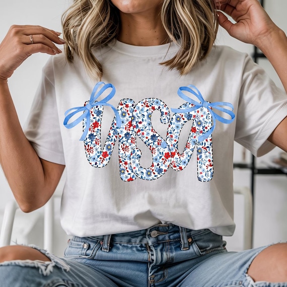 Floral Coquette USA Png, Retro America Png, Girly Fourth Of July, Sublimation Design, Popular America Png, Patriotic Floral USA Bow Png