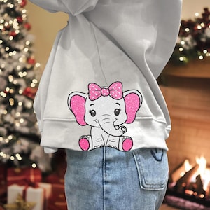 Diseño de apliques de elefante para sudadera con costados para niña, diseño de bordado de elefante, apliques de animales con lazo coqueto, animales del bosque