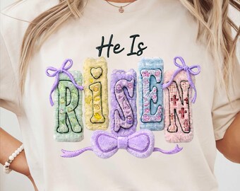 Bordado falso "Él ha resucitado" (Png), Pascua cristiana (Png), Hilo sintético de Pascua (Png), Lazo de Pascua (Png), Camiseta con versículo bíblico, Pascua preppy (Png)