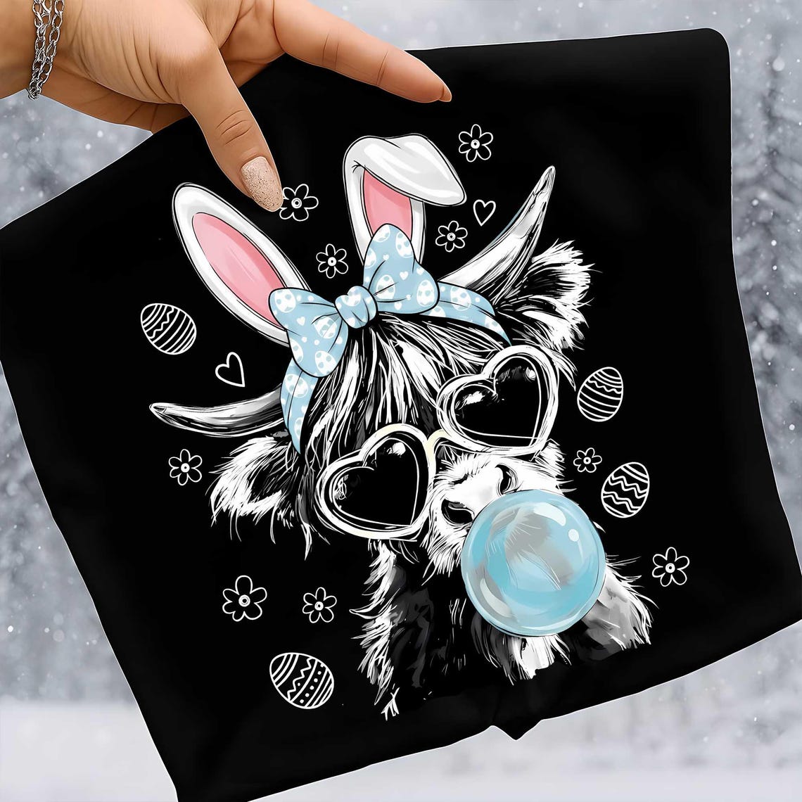 Easter Highland Cow Halftone Png, Cute Easter Cow Bunny Png, Happy ...