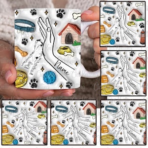 Puede incluir: Taza de cerámica blanca con un diseño colorido que presenta una huella de pata de perro, un hueso de perro, un collar de perro, una caseta para perros, un cuenco para perros y un juguete para perros. La taza tiene el texto "Dog" y "Name".
