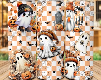 Cute Ghost 20oz Skinny Tumbler Png, Boo Png, Spooky Season, Cute Snarky Ghost Png, Funny Ghost Png, Funny Halloween Checkered Tumbler Wrap