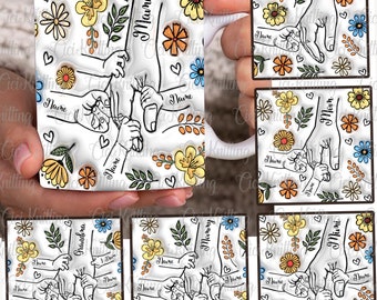 Bundel op maat tot 6 kinderen Moederdag bloemen, oma's hand vasthoudend, moeders hand vasthoudend 3D opgeblazen effect mok PNG, Mama bloemen 11oz mok