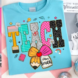 Preppy Teacher Pencil Coquette Bow Png, Custom Teacher Name Png, Preppy Teacher Design, Retro Checkered, Sublimation, Leopard print