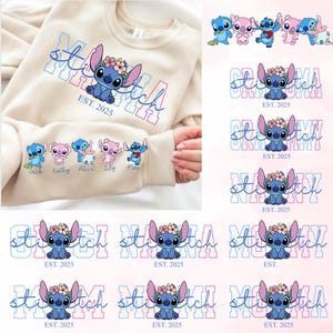May include: A beige sweatshirt featuring a blue cartoon character with a floral crown, the word "Mama" in a blue and pink outline, and the text "EST. 2025". The sleeve displays cartoon characters with names.