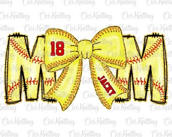 Custom Softball Bow Png, Softball Mom Shirt With Kids Name & Jersey Number Png, Game Day Png, Softball Coquette, Softball Mama Png