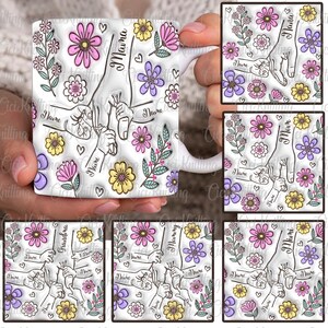 Bundle Custom Up to 6 Kids Holding Mom‘s Hand 3D Inflated Effect Mug Png, Mama Floral 11oz Mug, Mother&#39;s Day Floral, Holding Grandma&#39;s Hand