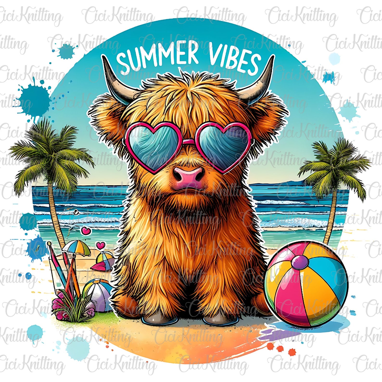 Summer Vibes Highland Cow PNG, Summer Beach Vacation DTF File,